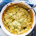 Baking dish filled with a broccoli and rice casserole.