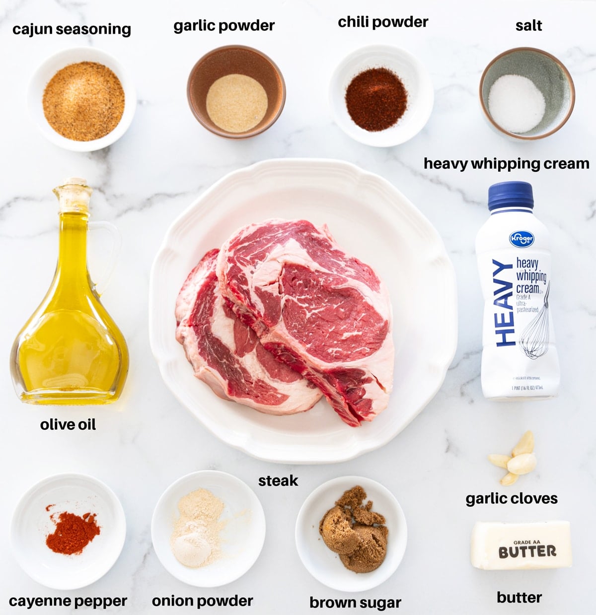 Ingredients to make steak bites sitting on a counter.
