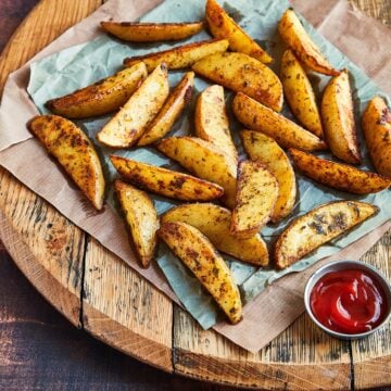 Steak French fries on a serving platter with ketchup.