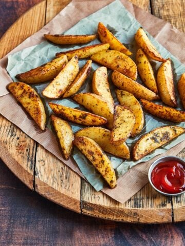 Steak French fries on a serving platter with ketchup.