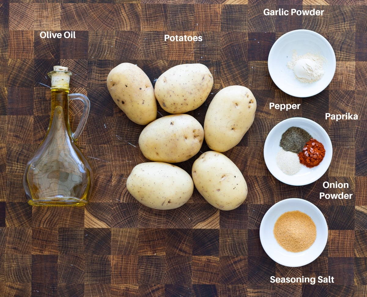 Ingredients on a counter showing what is needed to make steak fries.