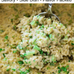 Spoonful of broccoli rice casserole being served.